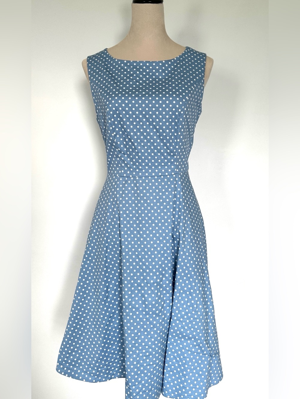 Gardenwed blue white polka dot sleeveless dress fit and flare size large